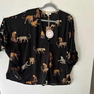 Umgee Black Blouse with Gold Leopard Design